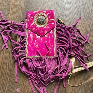 Magenta Fringe Crossbody Phone Bag with Concho Accent new